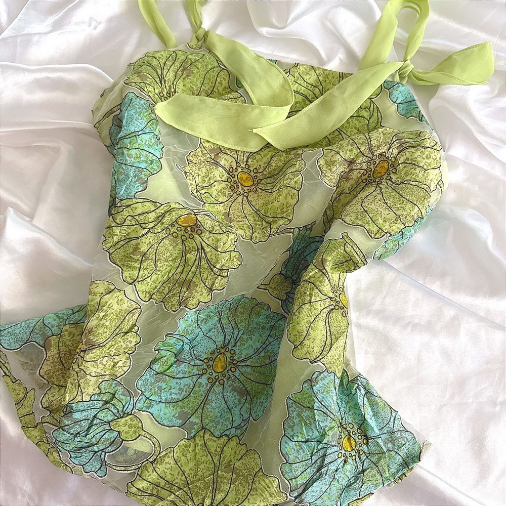 Sharon Young Green Blue Floral Burnout Tie Strap Camisole Top Size 8 1283-42